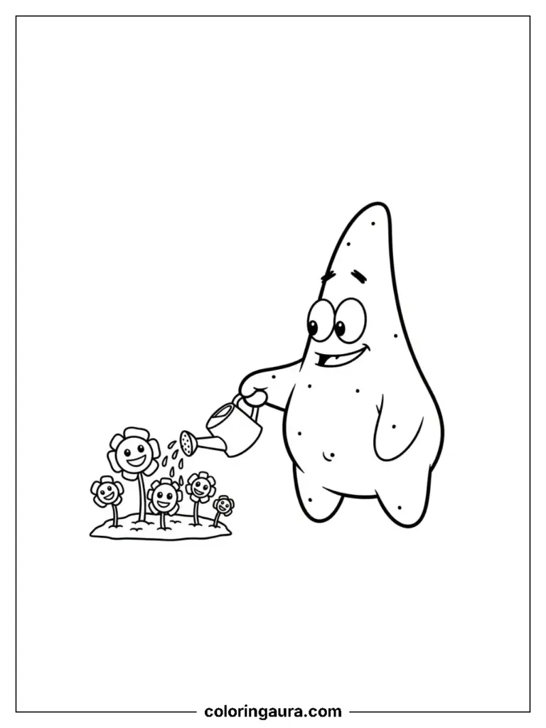 Patrick Star from SpongeBob SquarePants happily watering a patch of smiling flowers with a small watering can, ready for coloring.