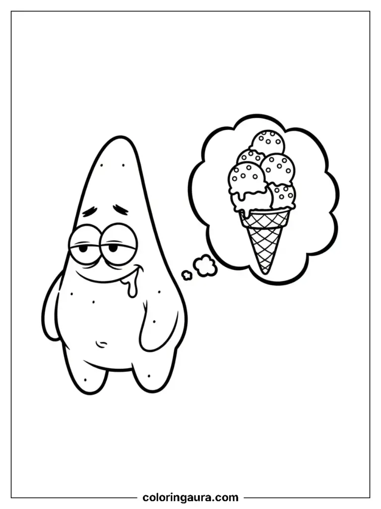  Patrick Star drooling, thinking about a triple scoop ice cream cone in a thought bubble, black and white coloring page.