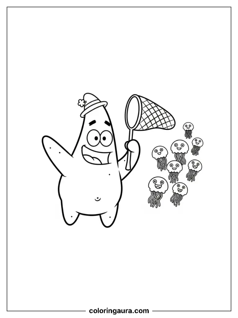 Patrick's Jellyfishing Adventure: Patrick, with a wide, happy grin, holding a jellyfishing net and wearing a tiny, silly hat, chasing a school of giggling jellyfish.