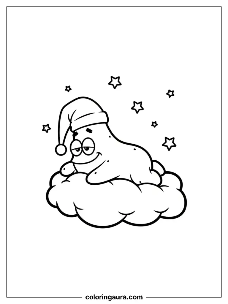 Patrick's Sleepy Cloud: Patrick floating peacefully on a soft, fluffy cloud, wearing a nightcap, with tiny stars twinkling around him.
