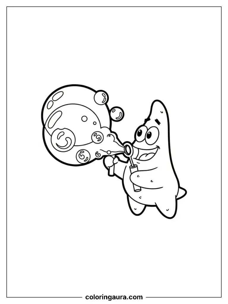 Playing with Bubbles: Patrick joyfully blowing huge, perfectly round bubbles with a bubble wand, with cute, swirling patterns inside them.