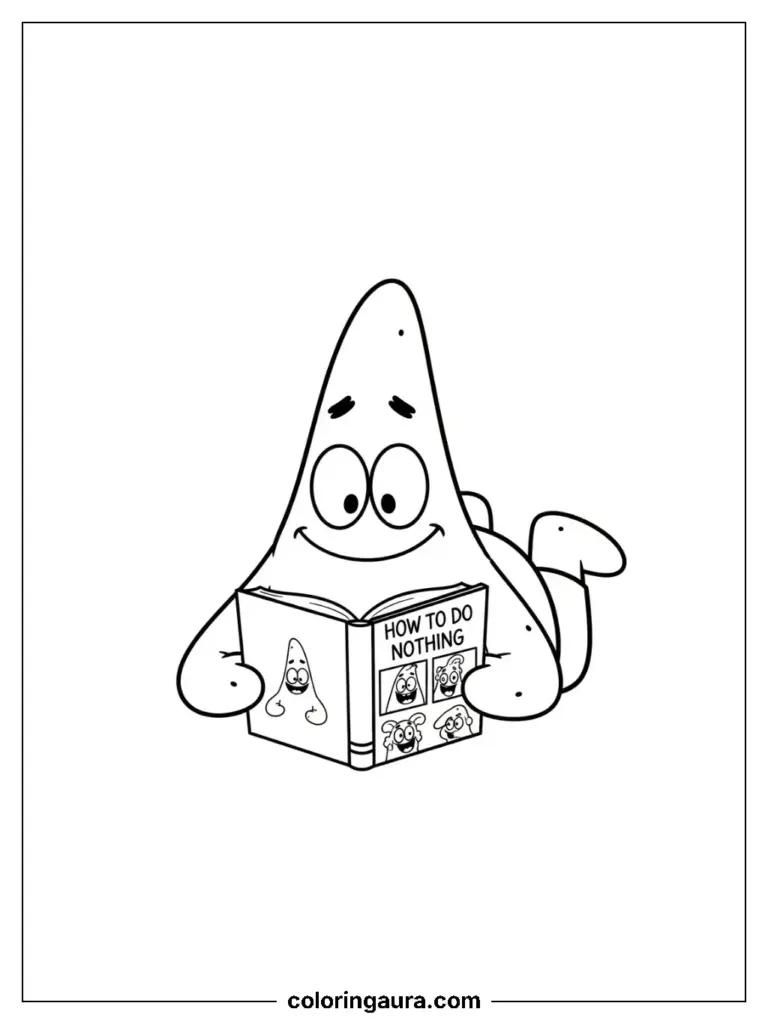  Patrick Star from SpongeBob SquarePants reading a book titled "How to Do Nothing", black and white coloring page.