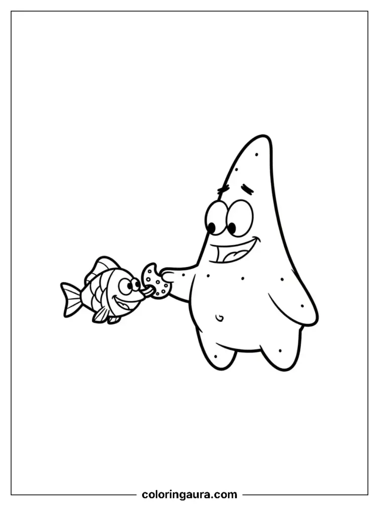 Patrick Star from SpongeBob SquarePants feeding a happy fish a cookie, black and white coloring page.