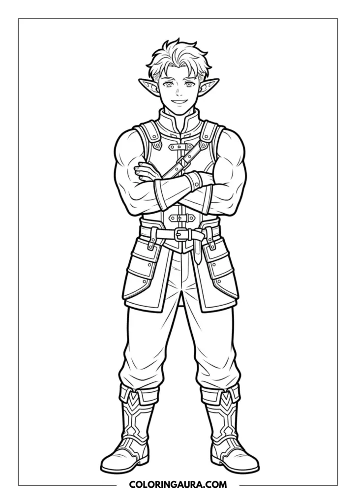 Line art coloring page showing the warrior Stark standing confidently with his arms crossed and a friendly smile, wearing his detailed adventurer outfit with belts, pouches, and armored boots.