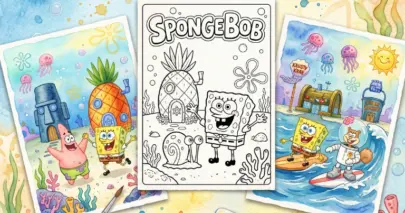 Spongebob and Patrick coloring page with underwater scenes, perfect for kids.