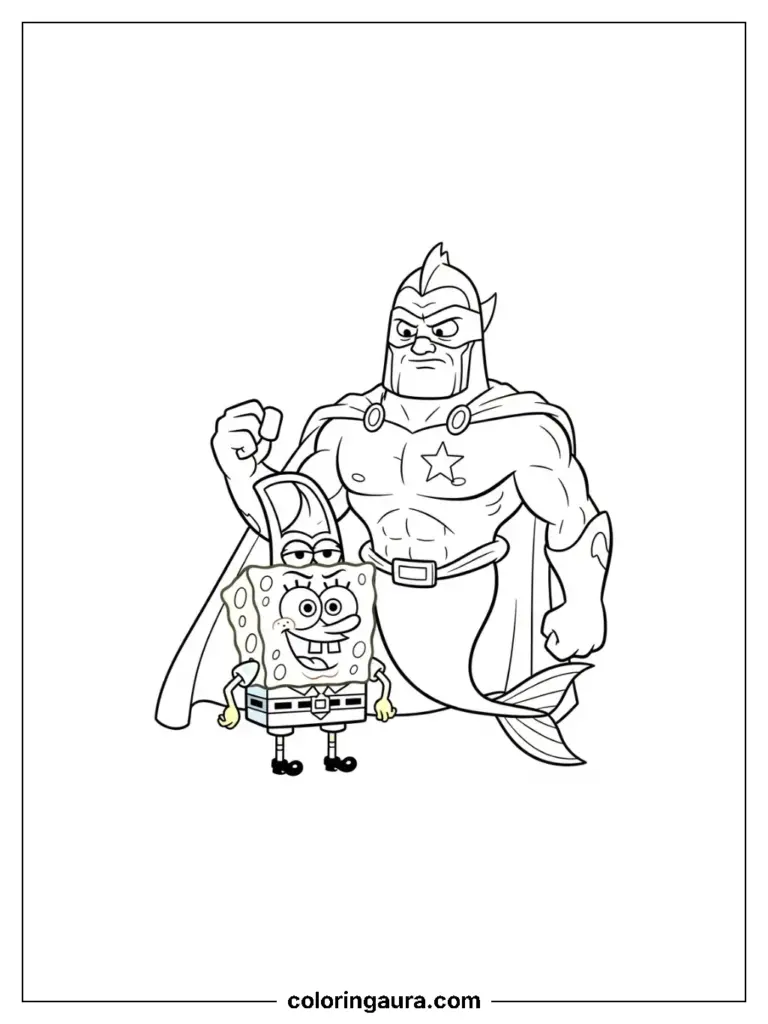 SpongeBob SquarePants wearing a Barnacle Boy superhero costume with a belt.