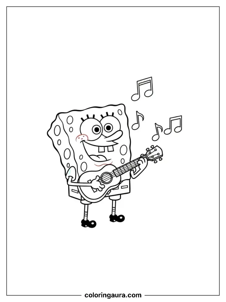 SpongeBob singing and playing ukulele in a tropical underwater home.