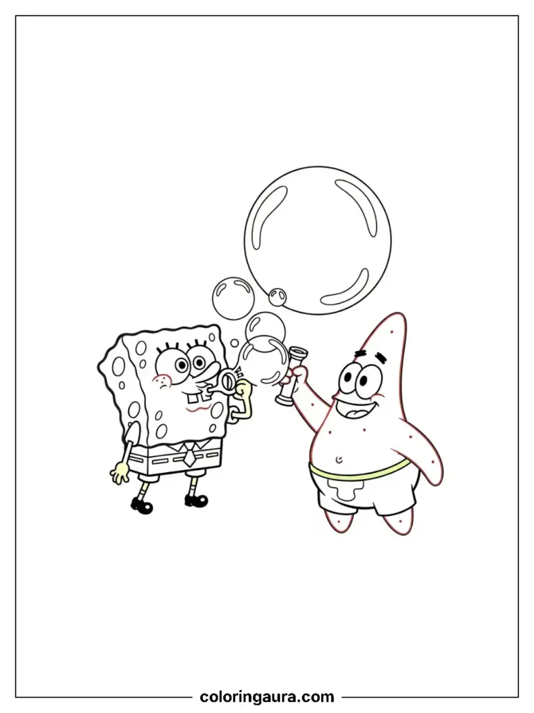 Two characters looking like SpongeBob and Patrick blowing large round bubbles in a fun contest.