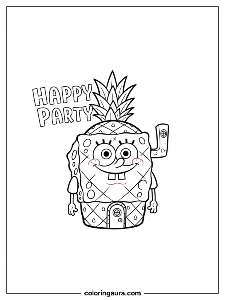 SpongeBob's house decorated with festive party streamers and balloons.