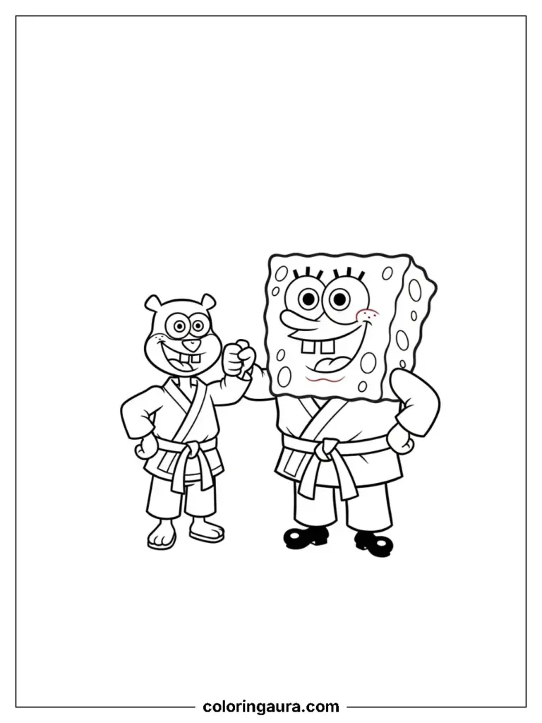 SpongeBob practices karate with a squirrel friend on this fun coloring page.