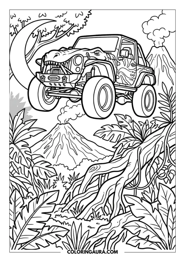 Line art coloring page showing a Hot Wheels Jeep with a T-Rex dinosaur face leaping through a prehistoric jungle. The background includes smoking volcanoes, lush tropical leaves, winding vines, and a large crescent moon, all drawn with clean, bold outlines.