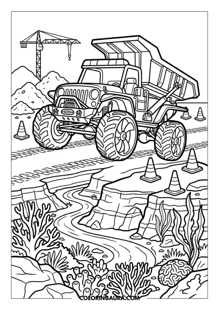 Line art coloring page showing a Hot Wheels dump truck monster truck at a busy construction site with a tall crane, dirt piles, and traffic cones. The image features a surreal split-view with a magical underwater world below, showing a winding road through rocky canyons and coral reefs, all drawn in bold, clean outlines.