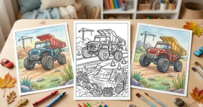 Line art coloring page showing three printed sheets on a wooden table, featuring a Hot Wheels monster dump truck at a construction site. The center page is a black and white outline, while the side pages show finished colored-in examples surrounded by crayons, brushes, and toy cars.