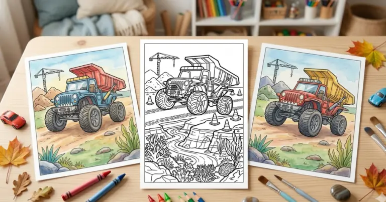 Line art coloring page showing three printed sheets on a wooden table, featuring a Hot Wheels monster dump truck at a construction site. The center page is a black and white outline, while the side pages show finished colored-in examples surrounded by crayons, brushes, and toy cars.