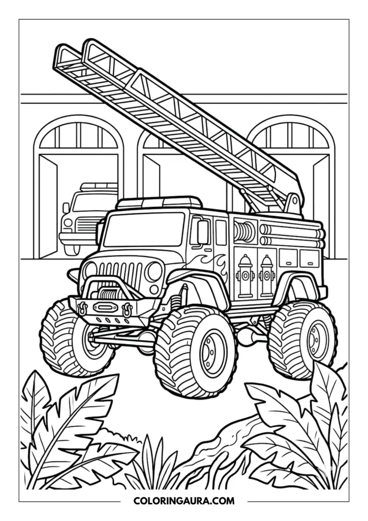 Line art coloring page showing a Hot Wheels monster truck fire engine with a massive extendable ladder. The vehicle is parked in front of a fire station with arched garage doors, surrounded by lush jungle leaves and tropical plants, all drawn in bold, clean outlines.