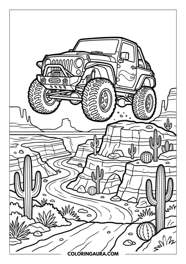 Line art coloring page showing a Hot Wheels off-road Jeep soaring through the air over a vast desert canyon. The scene features tall Saguaro cacti, rocky mesas, and a winding sandy road below, all drawn in clean, bold outlines.