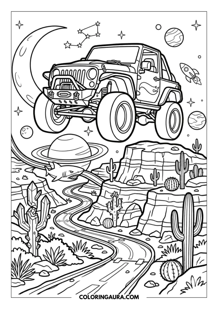 Line art coloring page showing a Hot Wheels Jeep floating in a cosmic sky above a mystical desert landscape. The dreamy scene includes a crescent moon, Saturn-like planets, a small rocket, and constellations, while the ground features cacti, glowing crystals, and a shark-shaped tunnel entrance.