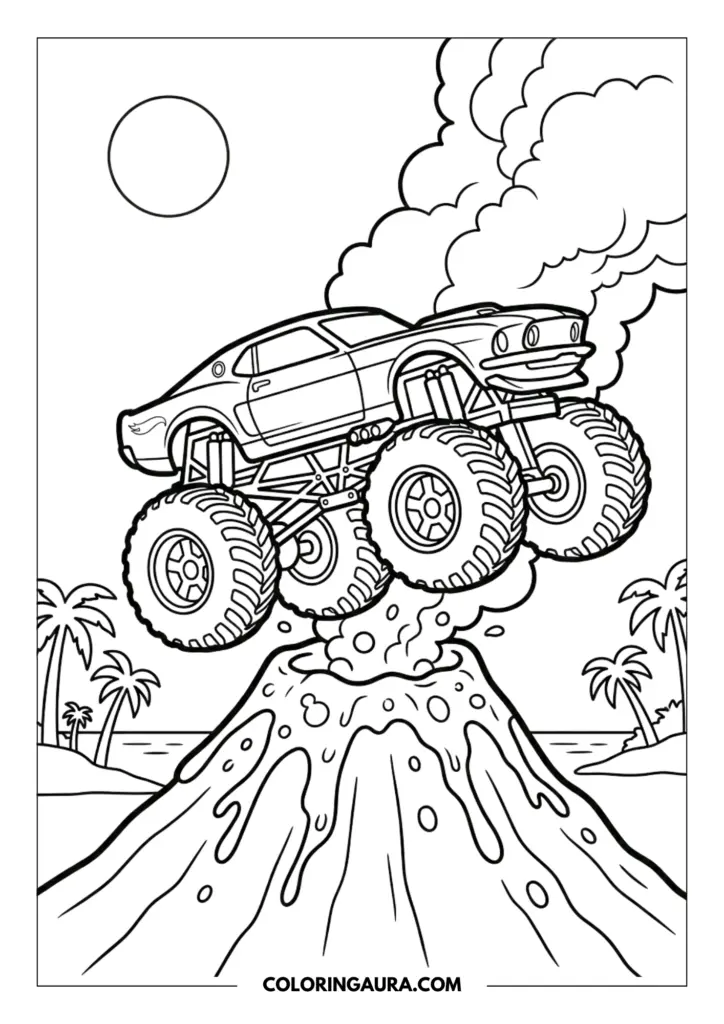 Line art coloring page showing a Hot Wheels muscle car monster truck leaping high over the peak of an erupting volcano. The scene features thick smoke clouds, tropical palm trees on a distant shoreline, and a large glowing sun, all drawn with bold, clean outlines.