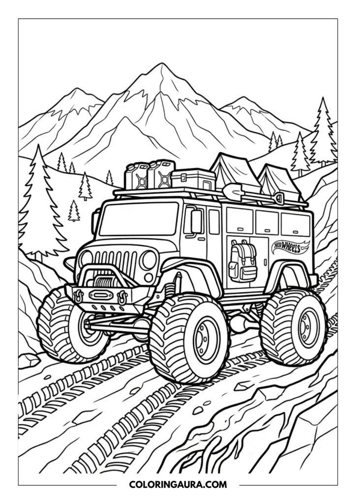 Line art coloring page showing a Hot Wheels overlanding monster truck loaded with camping gear, tents, and a shovel. The vehicle is driving on a rugged trail with a beautiful backdrop of tall pine trees and majestic mountain peaks, drawn in clean, bold outlines.