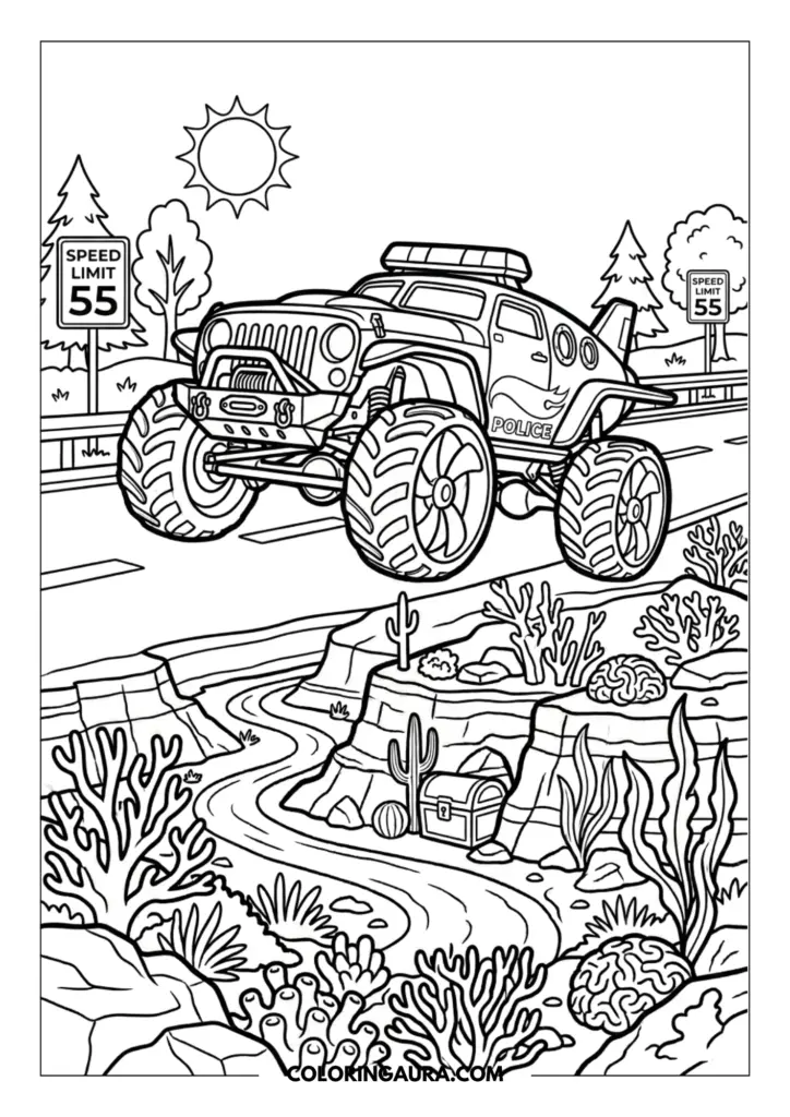 Line art coloring page showing a Hot Wheels police monster truck jeep jumping over a highway road. The surreal scene blends a sunny forest with speed limit signs on top and an underwater ocean floor with coral reefs and a treasure chest below.
