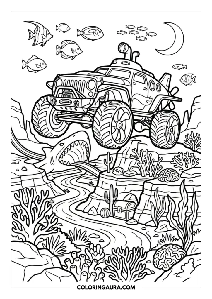 Line art coloring page showing a Hot Wheels monster truck transformed into a submarine with periscopes and propellers. The scene takes place on the ocean floor, featuring a treasure chest, vibrant coral reefs, a shark-shaped tunnel, and schools of tropical fish swimming under a crescent moon.