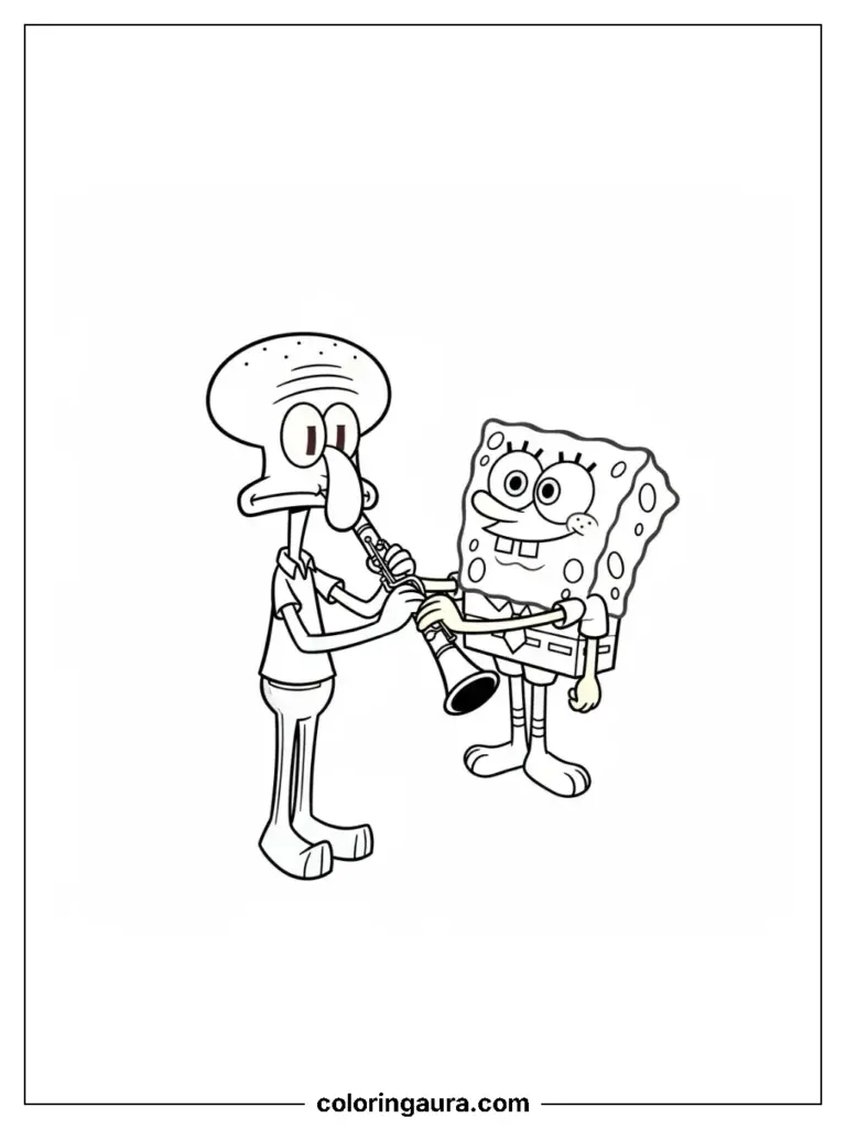 Cheerful sponge looks like SpongeBob watching an octopus who looks like Squidward play a clarinet.