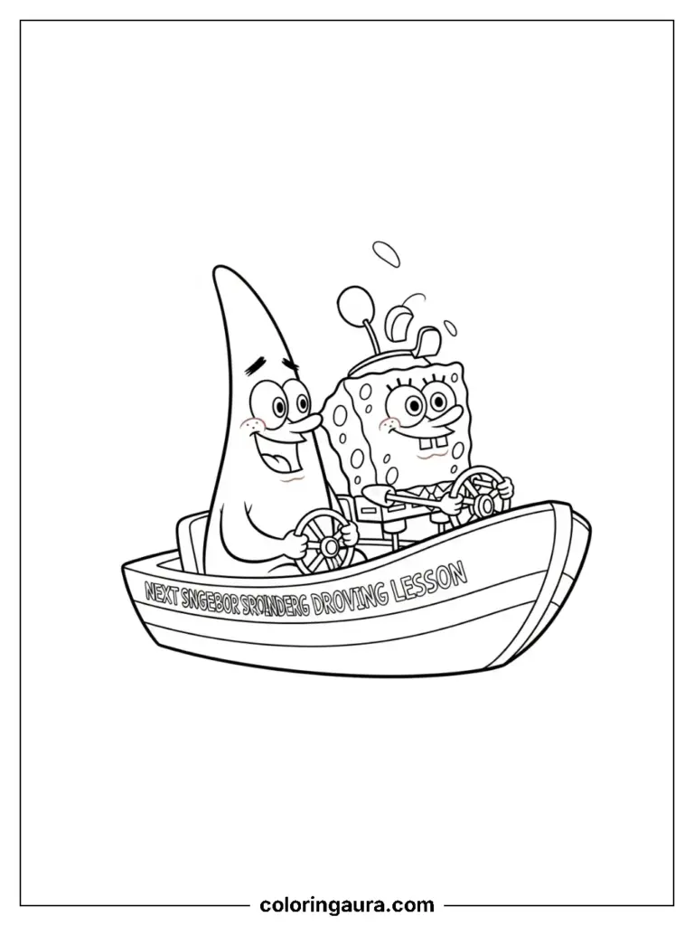 SpongeBob SquarePants takes a boat driving lesson on this coloring page.