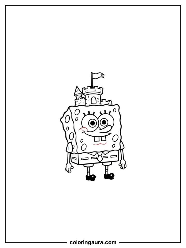 Character that looks like SpongeBob SquarePants building a sandcastle fortress with flags and a moat.