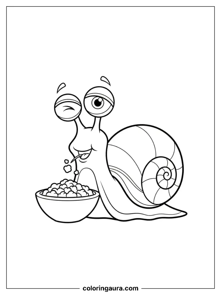 A happy pet snail that looks like Gary winks while eating from a food bowl.