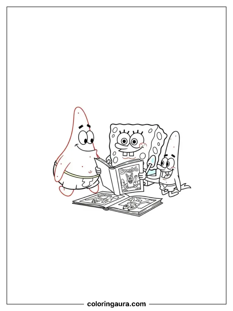 SpongeBob, Patrick, and Gary enjoy a cozy story time reading together.