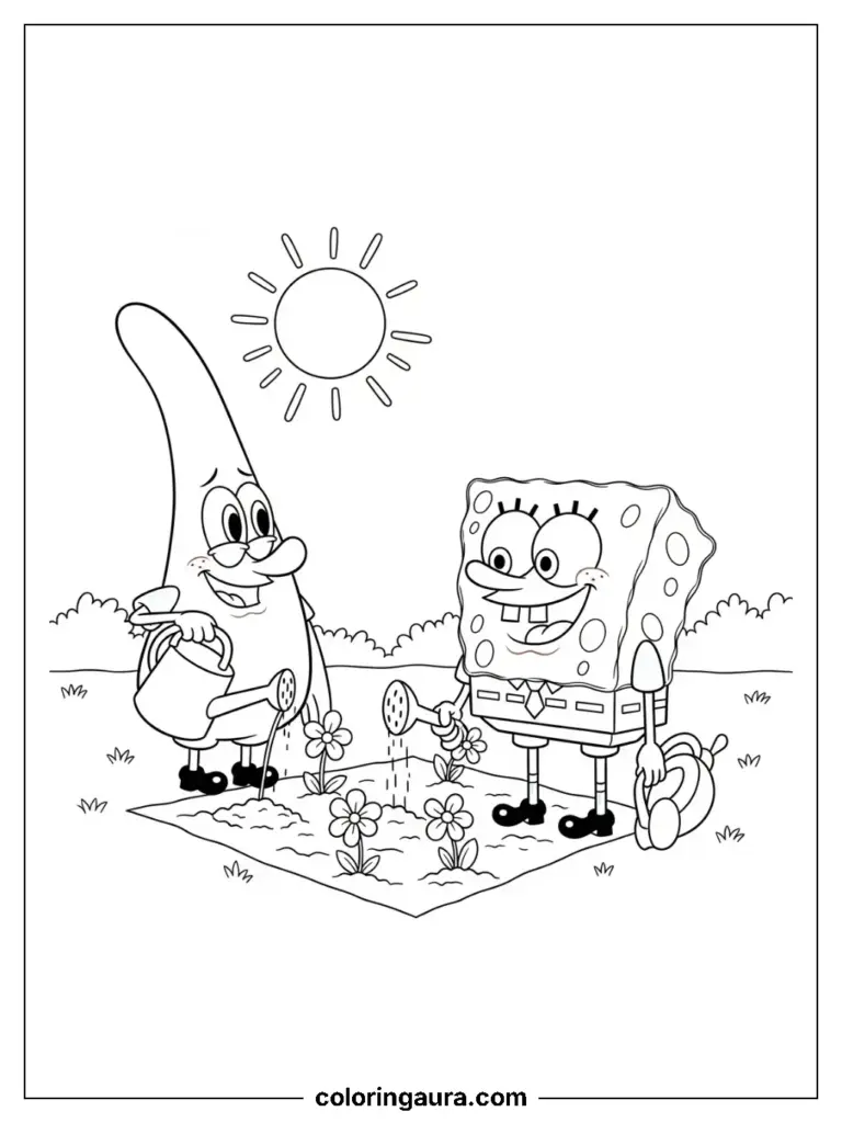 SpongeBob waters blooming garden flowers on a sunny day outdoors.