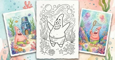 Patrick Star happy underwater coloring page with bubbles, starfish, and seaweed, perfect for kids.
