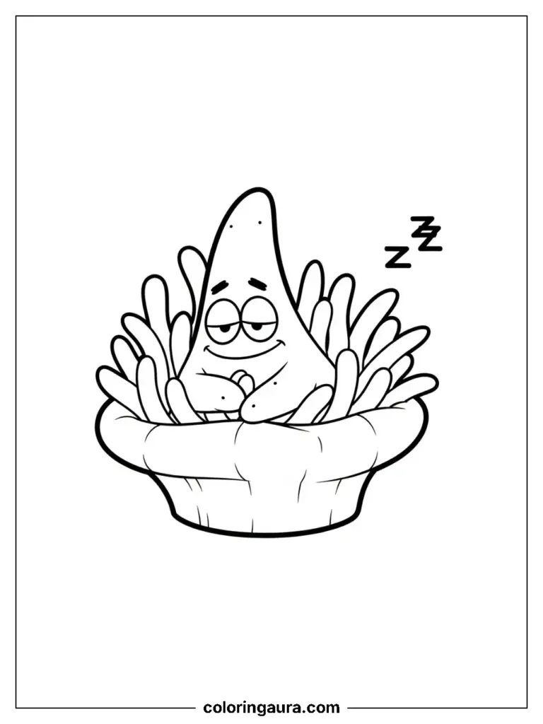 Patrick Star from SpongeBob SquarePants sleeping soundly in a bed of coral, ready for coloring.