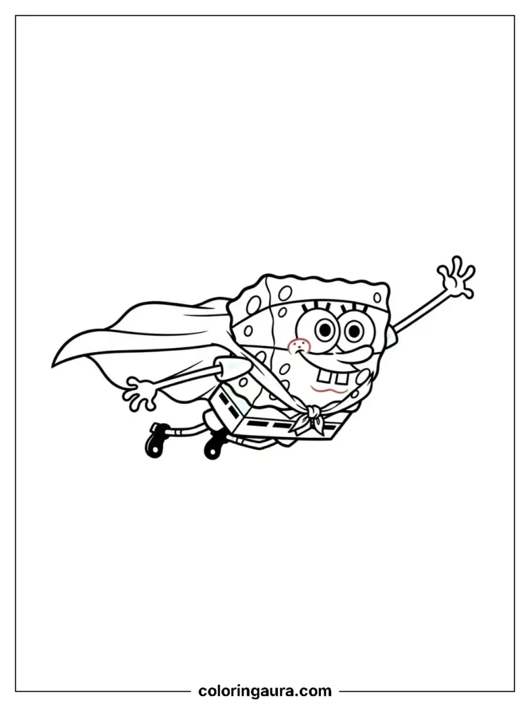 SpongeBob wearing a superhero cape while flying over Bikini Bottom.