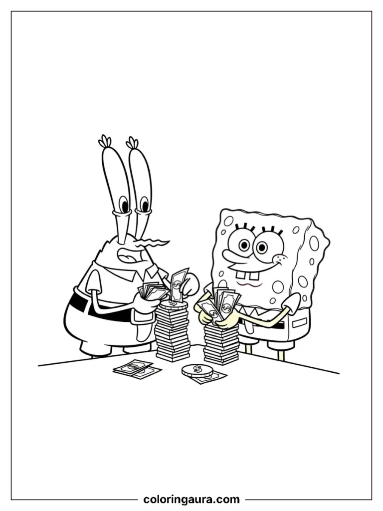 Mr Krabs stacking coins money coloring page