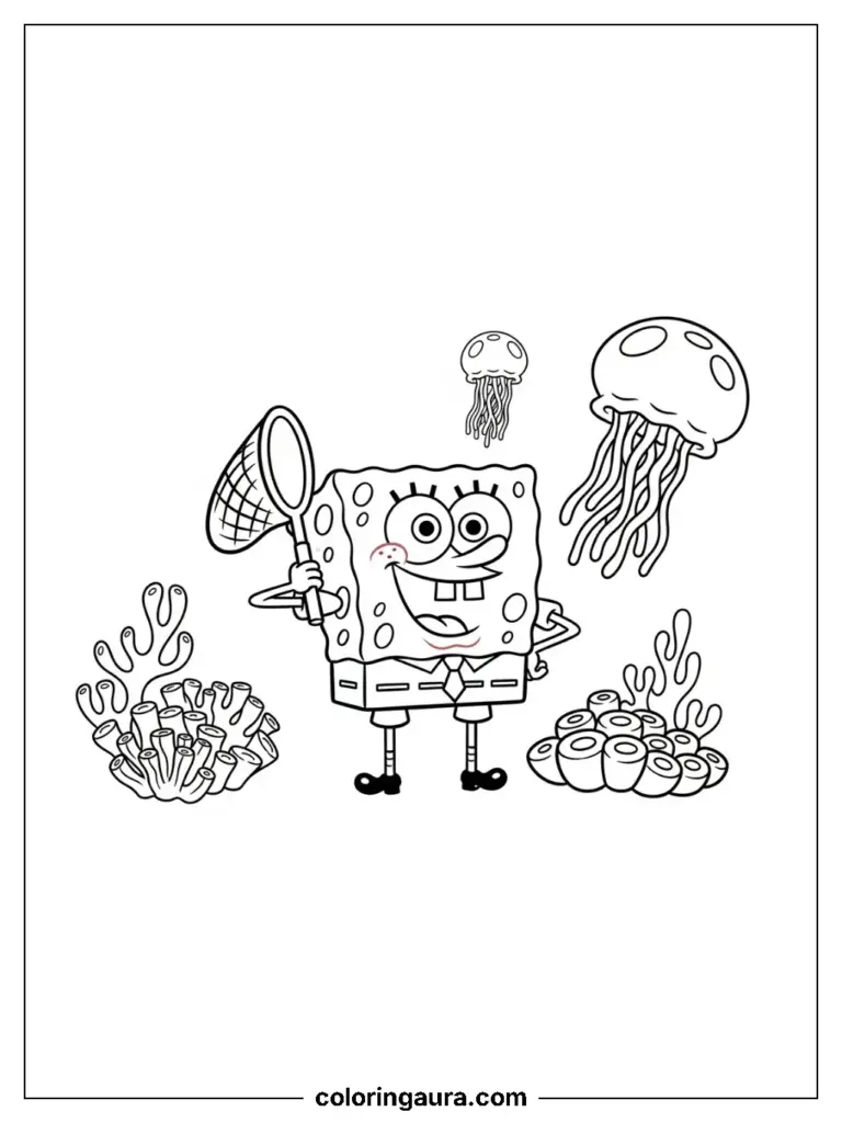 Character who looks like SpongeBob holding a net while jellyfishing near vibrant underwater coral.