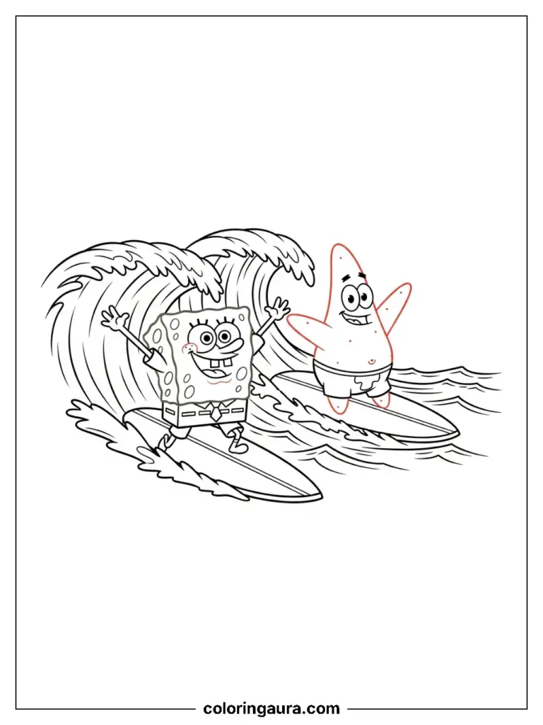 SpongeBob and Patrick joyfully surf giant ocean waves in Bikini Bottom.