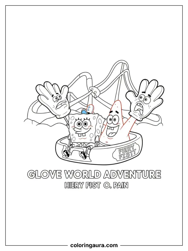 Characters who look like SpongeBob and Patrick ride a glove-themed roller coaster at Glove World.