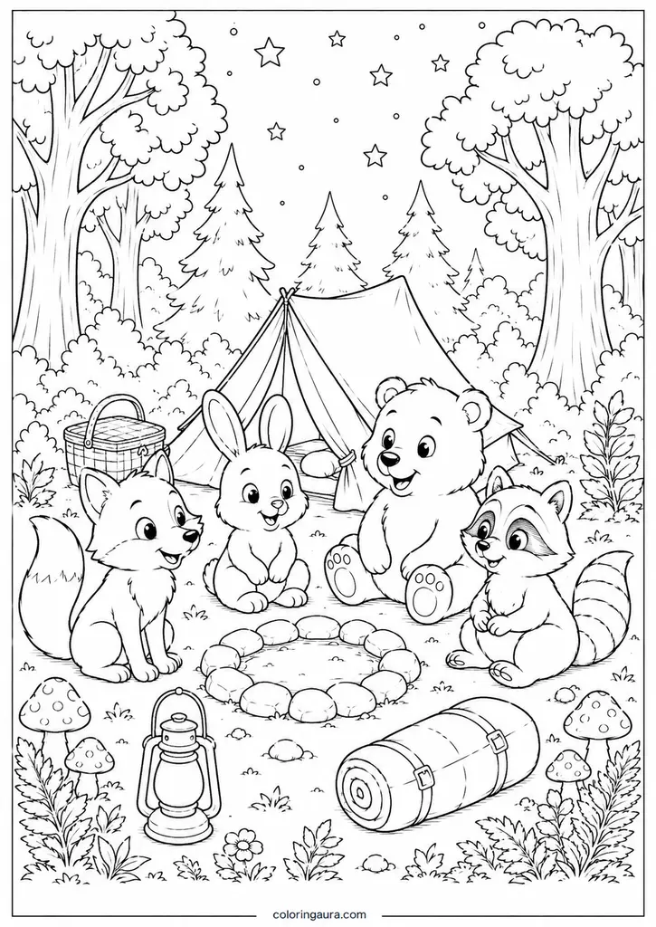 Forest Friends Camping Coloring Page