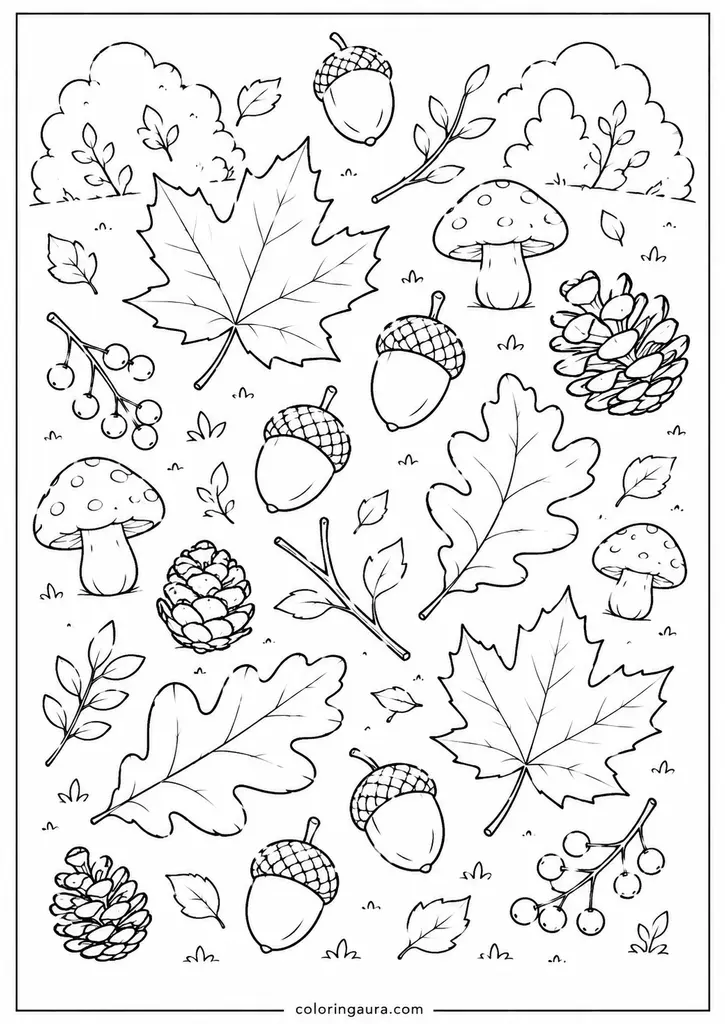 Autumn Acorns and Forest Treasures Coloring Page