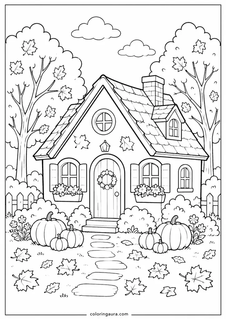 Cozy Autumn Cottage Coloring Page