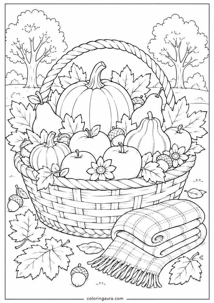 Cute Autumn Harvest Basket Coloring Page