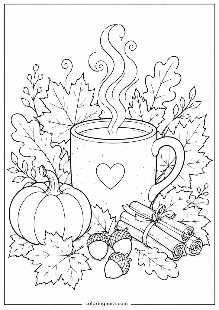 Autumn Leaves and Cozy Mug Coloring Page