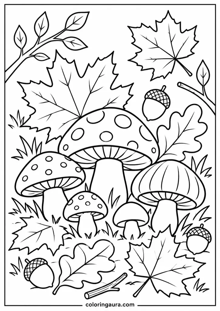 Autumn Leaves and Mushrooms Coloring Page