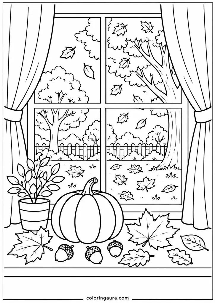 A peaceful window scene features fallen leaves outside and a small indoor pumpkin arrangement.