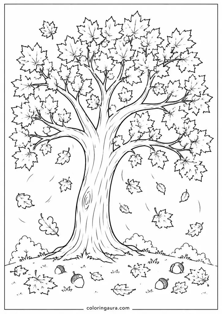 Autumn Tree with Falling Leaves Coloring Page