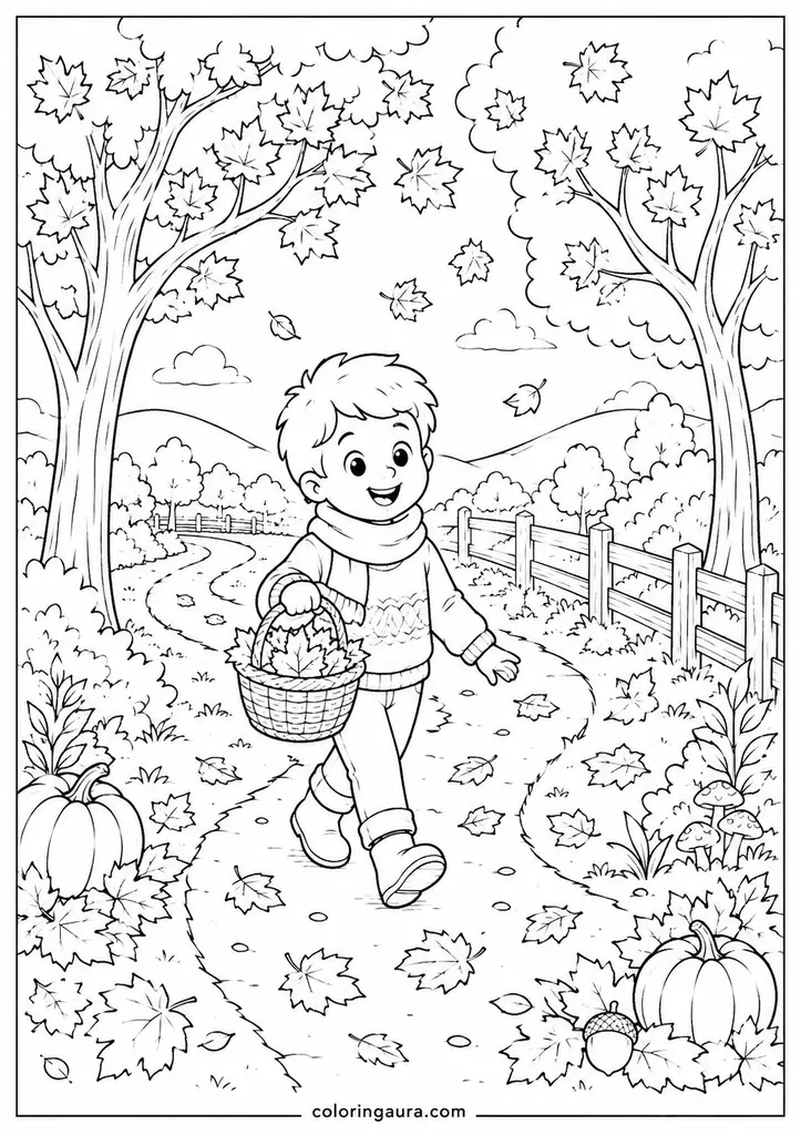 Autumn Walk Under Falling Leaves Coloring Page