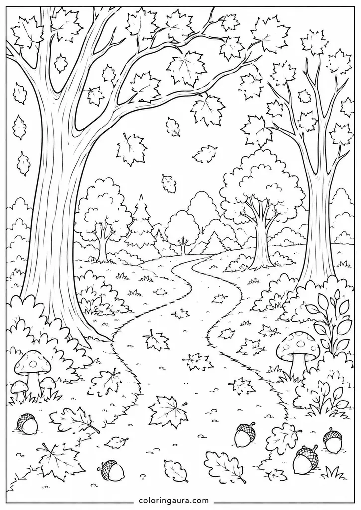 Autumn Woodland Leaves Coloring Page