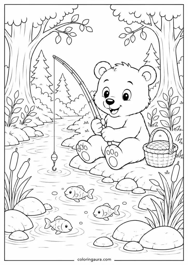 Bear Fishing by Stream Coloring Page