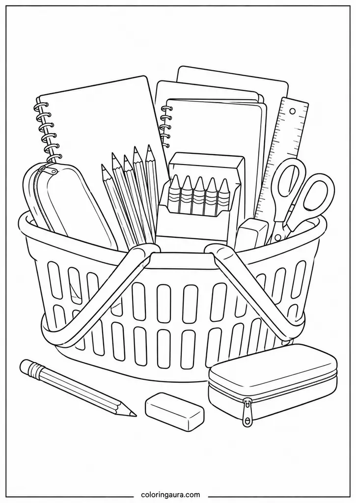 School Supply Shopping Basket Coloring Page